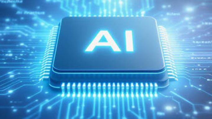 A glowing blue photo of an integrated circuit with the letters AI on top of it.  Thanks to Freedom Scientific for the image.